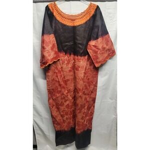 Handmade Boho Ethnic Floral Orange/ Black Cotton Kaftan 18-22 No Size See Pics